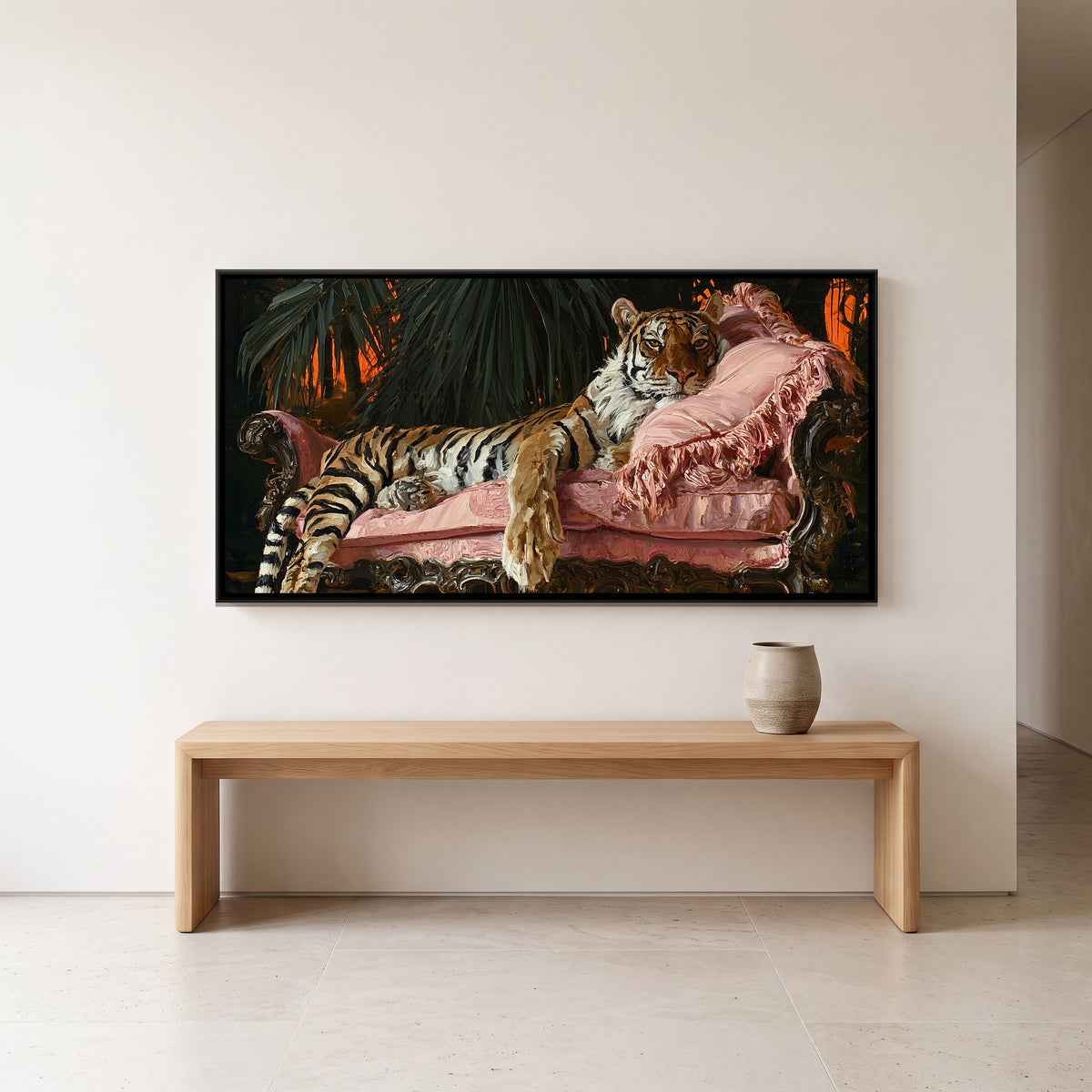 Tiger on Pink Sofa — canvas art shown in a second room setting