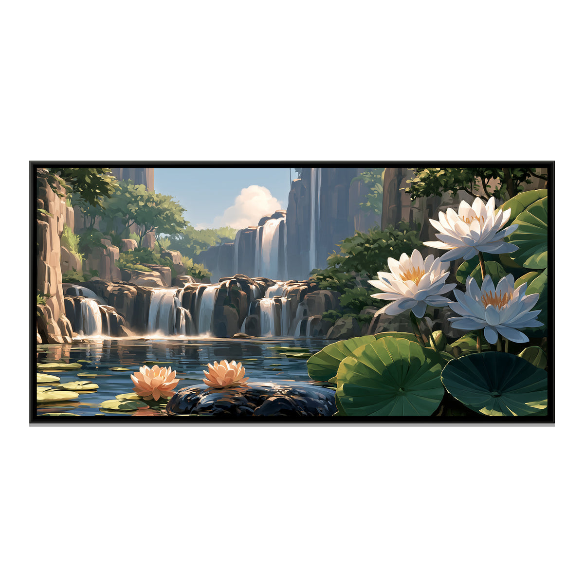 Waterfall and Water Lilies — framed canvas print, front view
