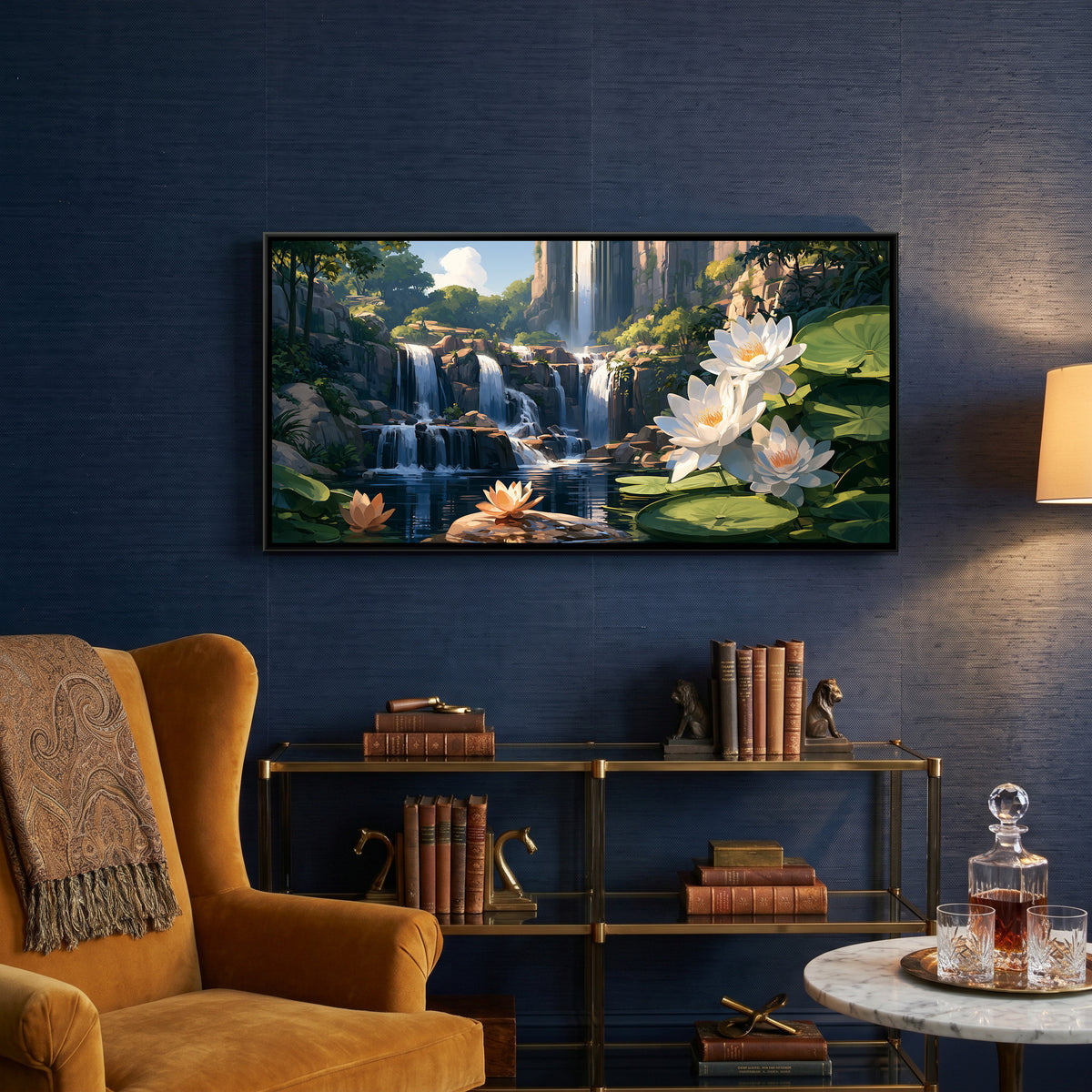 Waterfall and Water Lilies — canvas art shown in a styled room