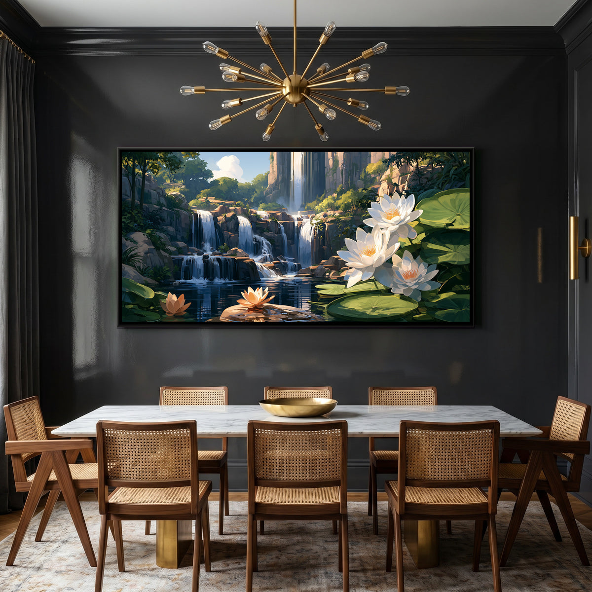 Waterfall and Water Lilies — canvas art shown in a second room setting
