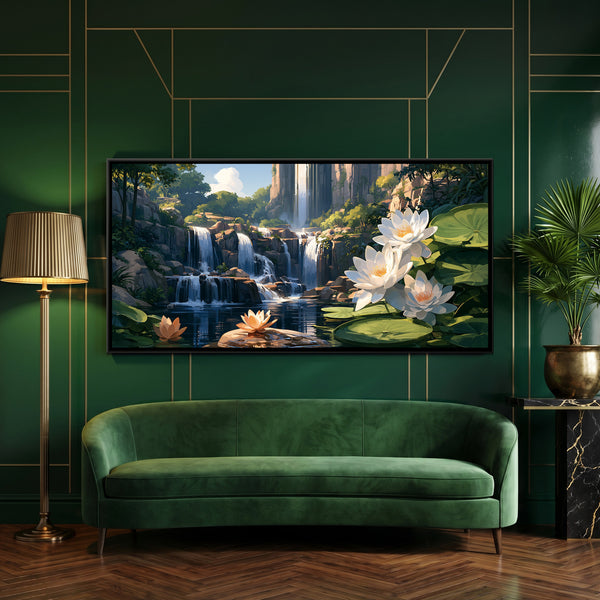 Waterfall and Water Lilies — framed canvas art hung on a wall