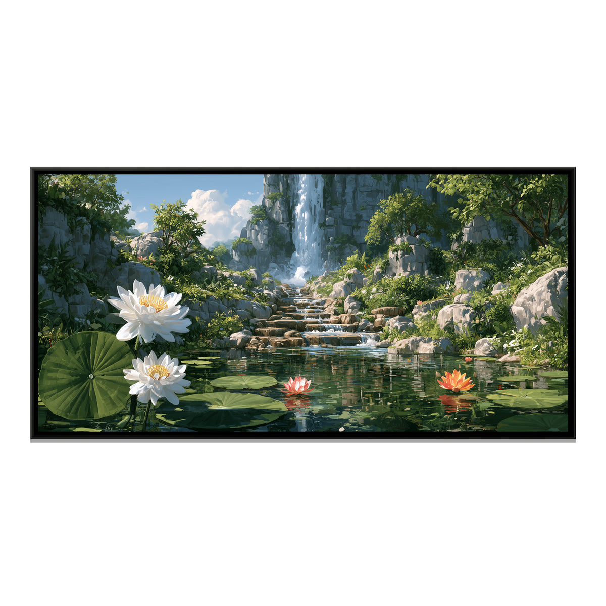 Waterfall and Water Lilies — framed canvas print, front view