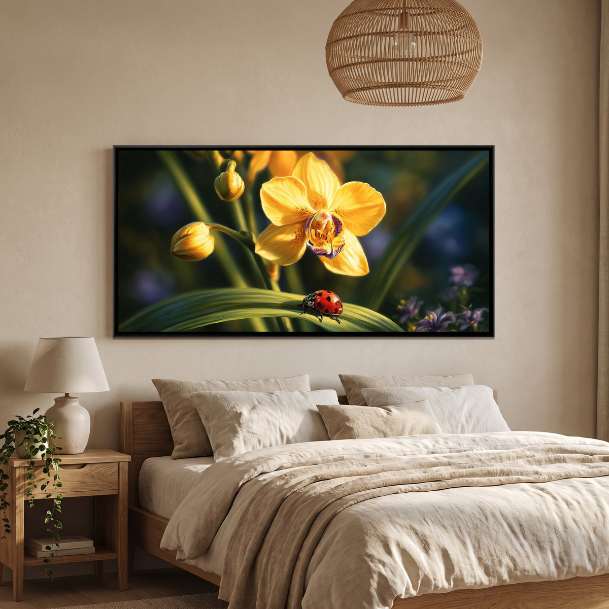 Yellow Orchid and Ladybug — canvas art shown in a styled room