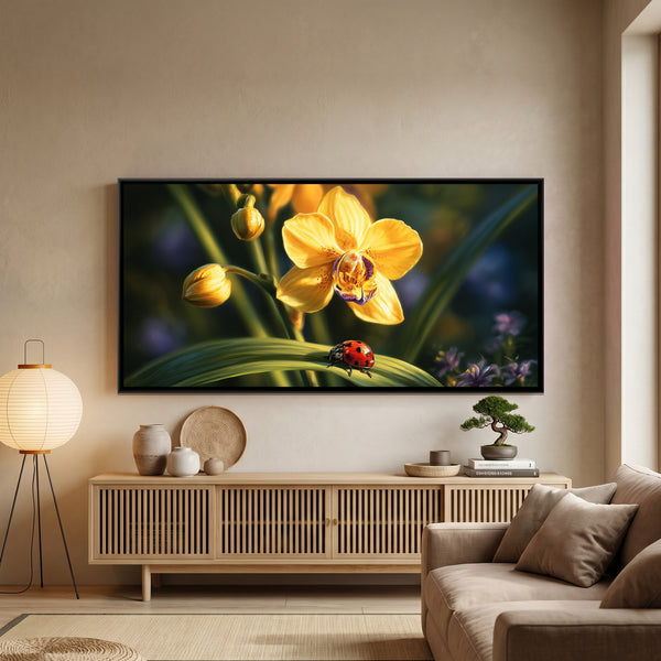 Yellow Orchid and Ladybug — framed canvas art hung on a wall
