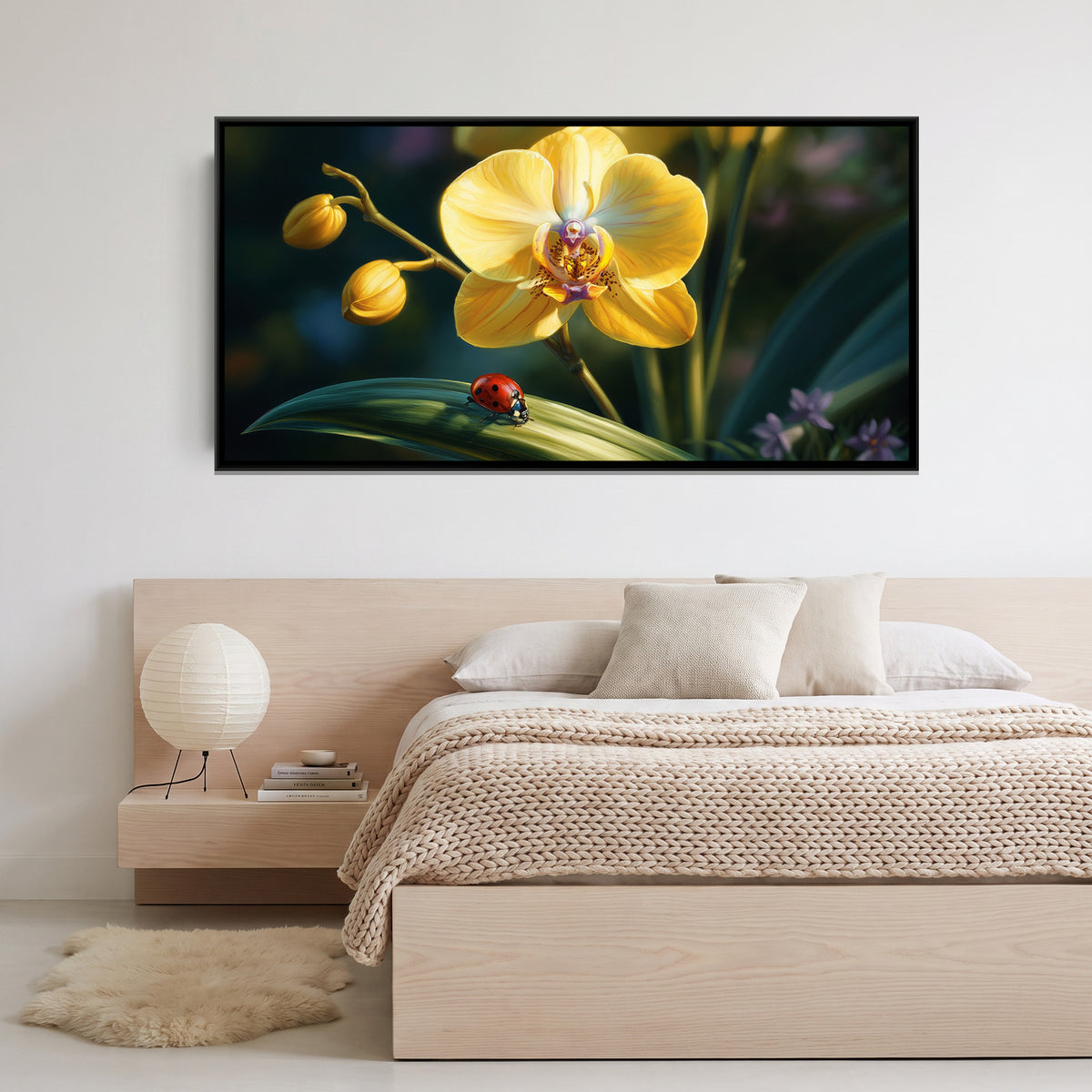 Yellow Orchid and Ladybug — framed canvas art hung on a wall