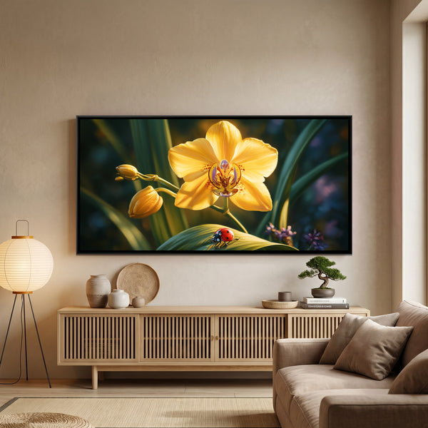Yellow Orchid and Ladybug — framed canvas art hung on a wall