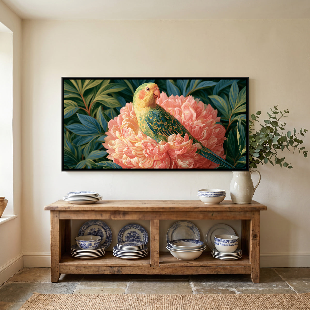 Parrot on Peony — canvas art shown in a styled room