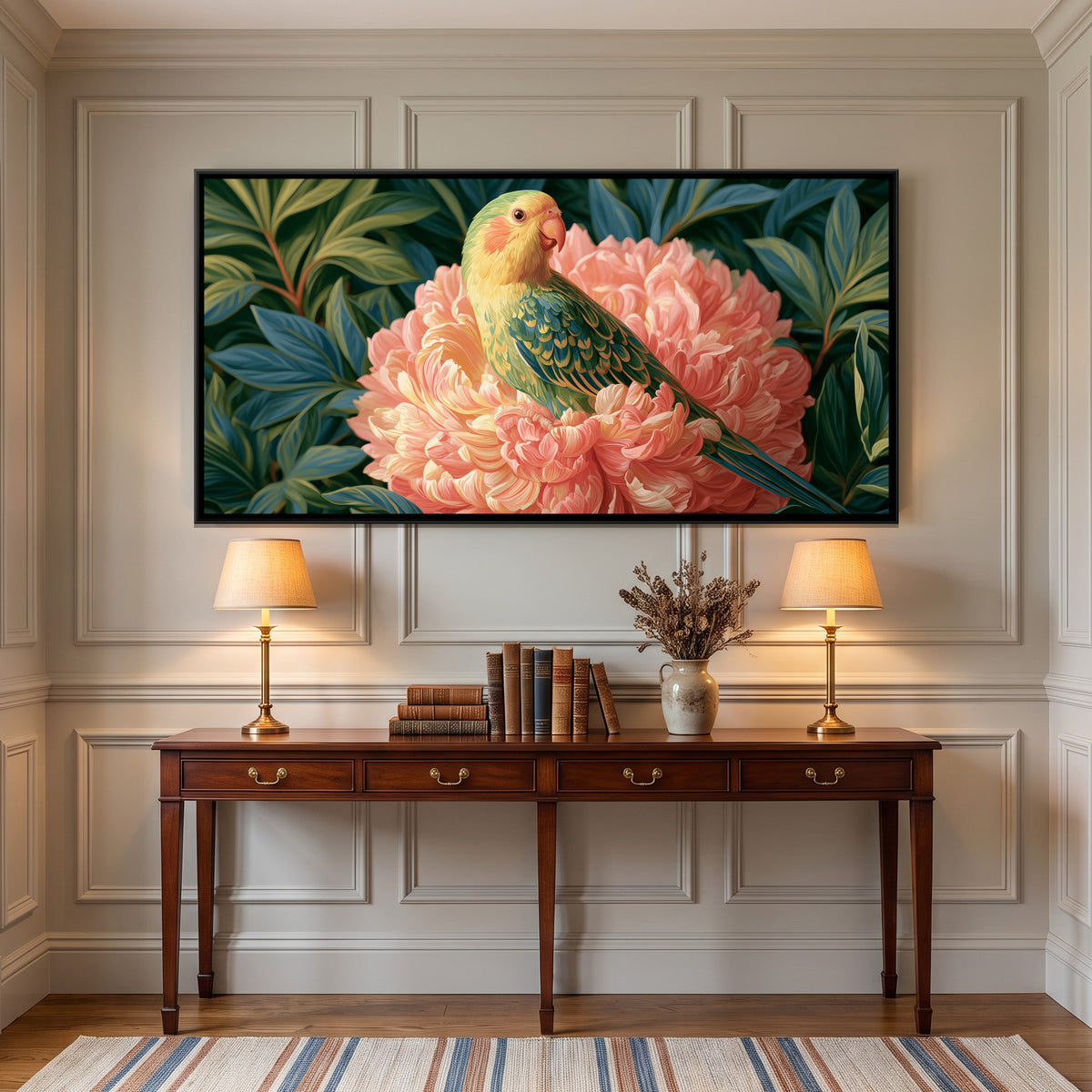 Parrot on Peony — framed canvas art hung on a wall