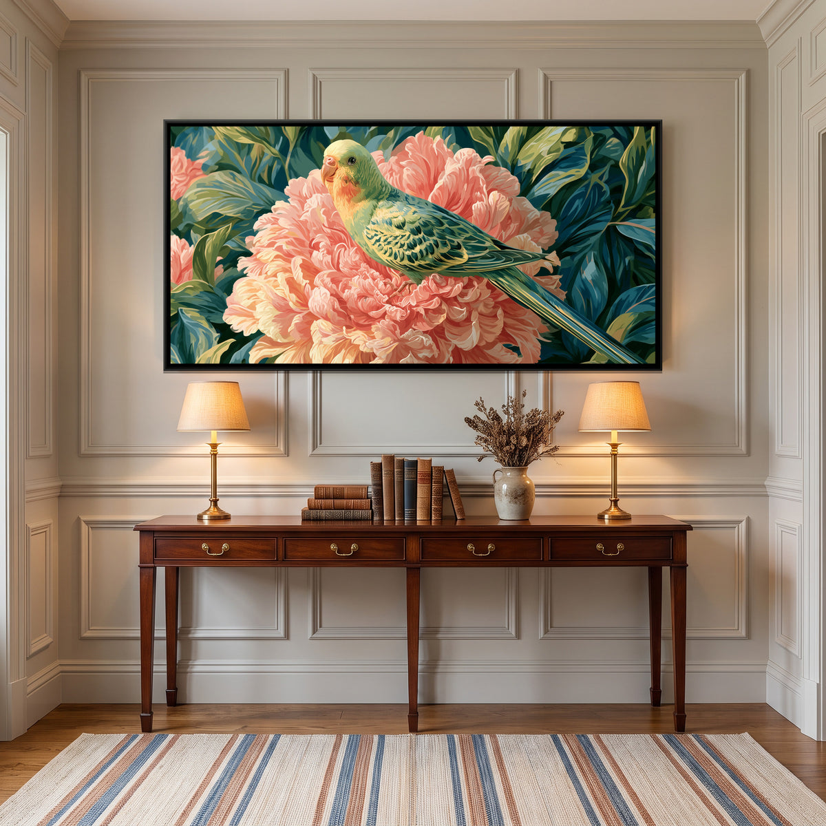 Parrot on Peony — canvas art shown in a styled room