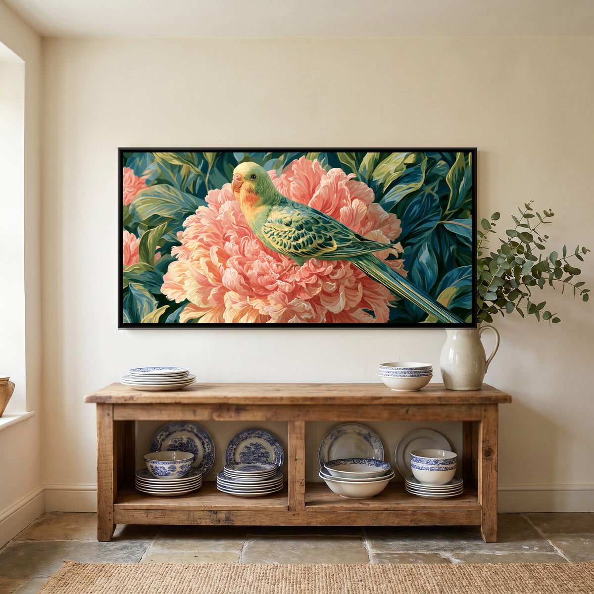 Parrot on Peony — canvas art shown in a second room setting