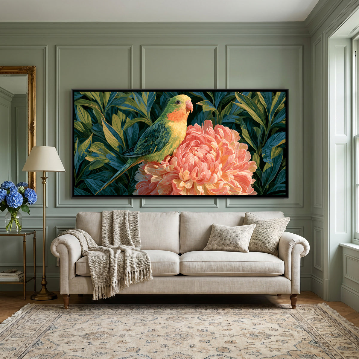 Parrot on Peony — canvas art shown in a second room setting