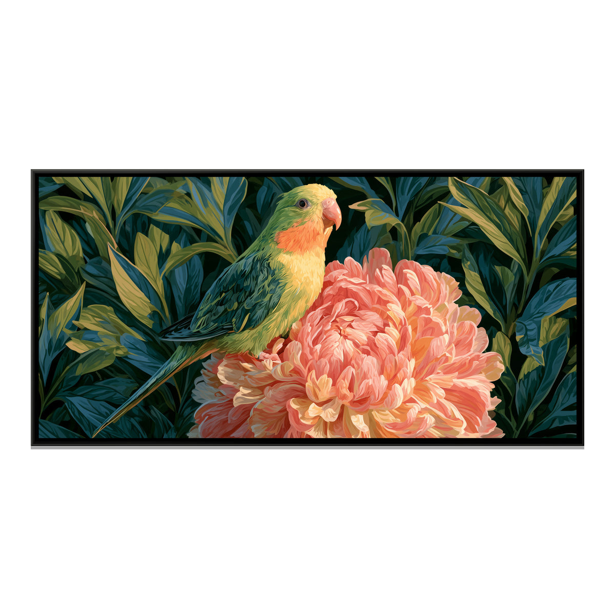 Parrot on Peony — framed canvas print, front view
