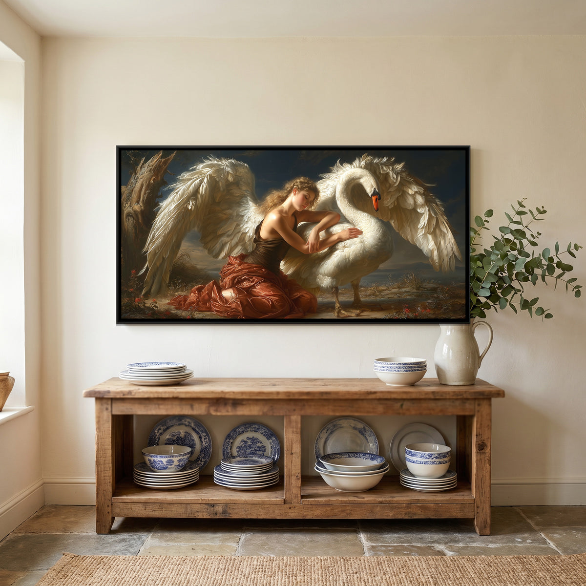 Angel and Swan — canvas art shown in a styled room