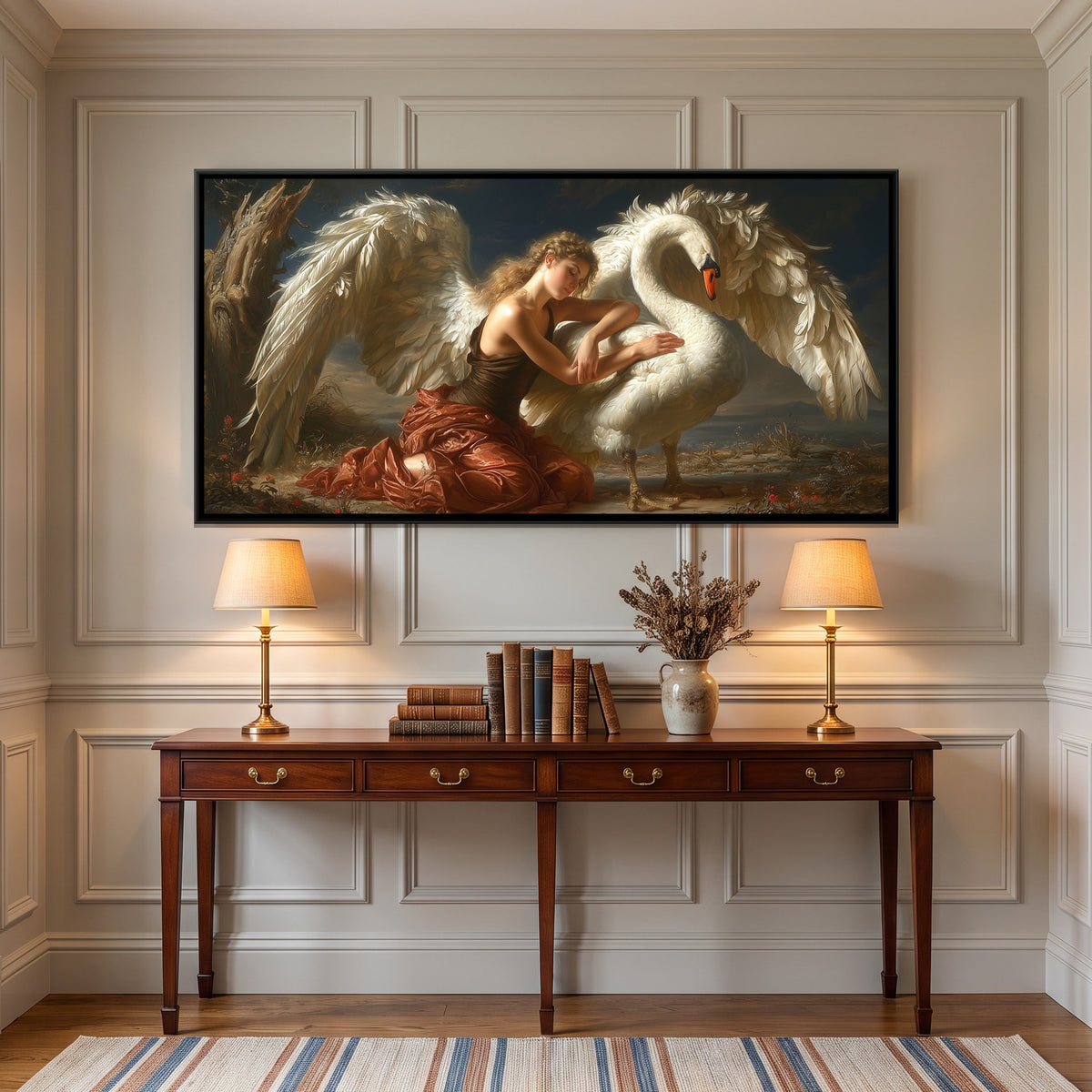 Angel and Swan — framed canvas art hung on a wall