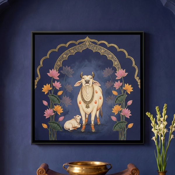 Pichwai Cow and Calf — framed canvas art hung on a wall
