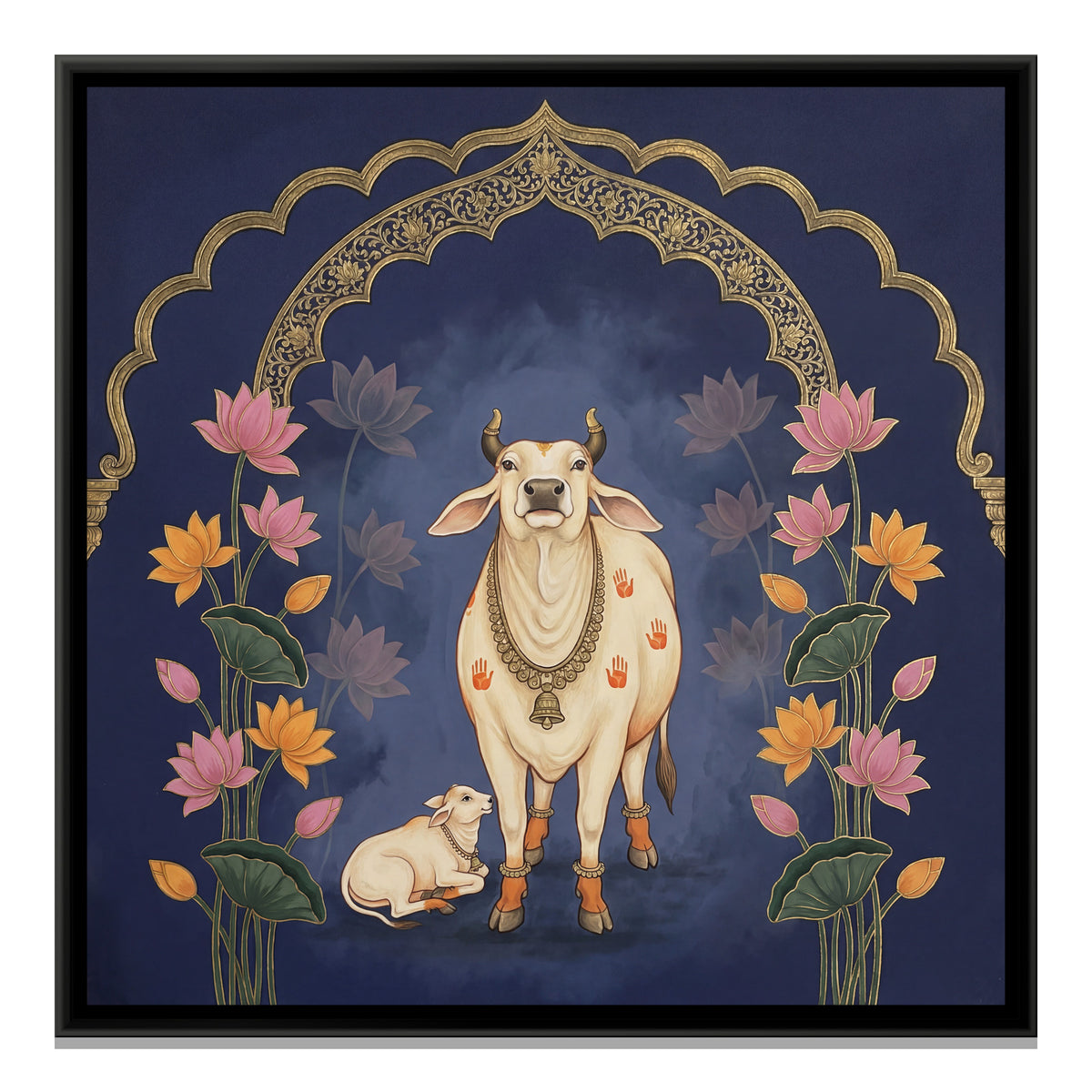Pichwai Cow and Calf — framed canvas print, front view