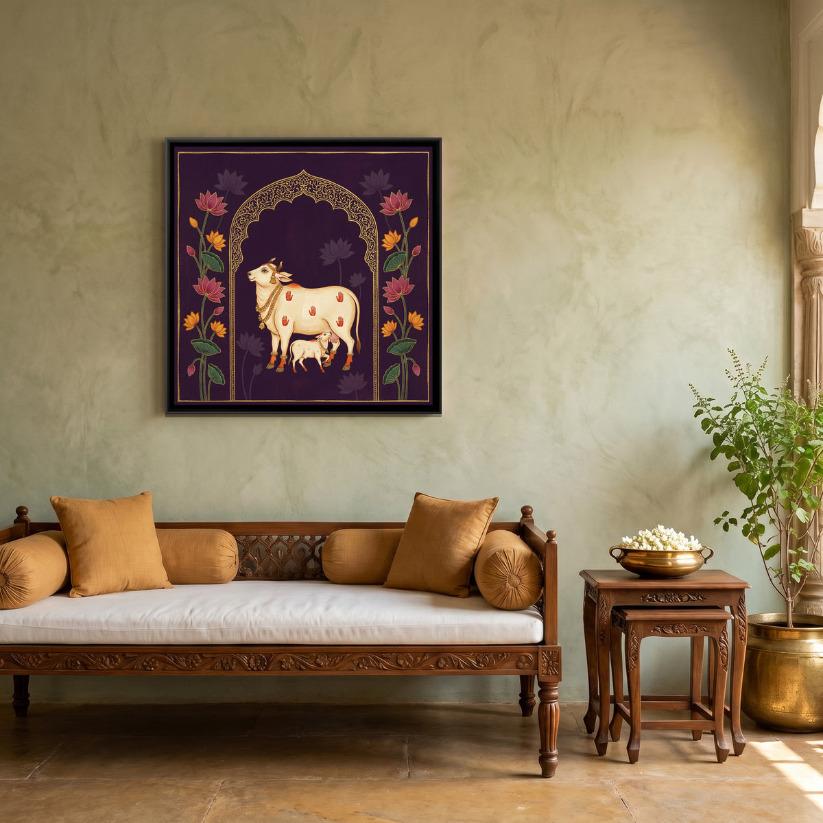 Pichwai Cow and Calf — canvas art shown in a second room setting