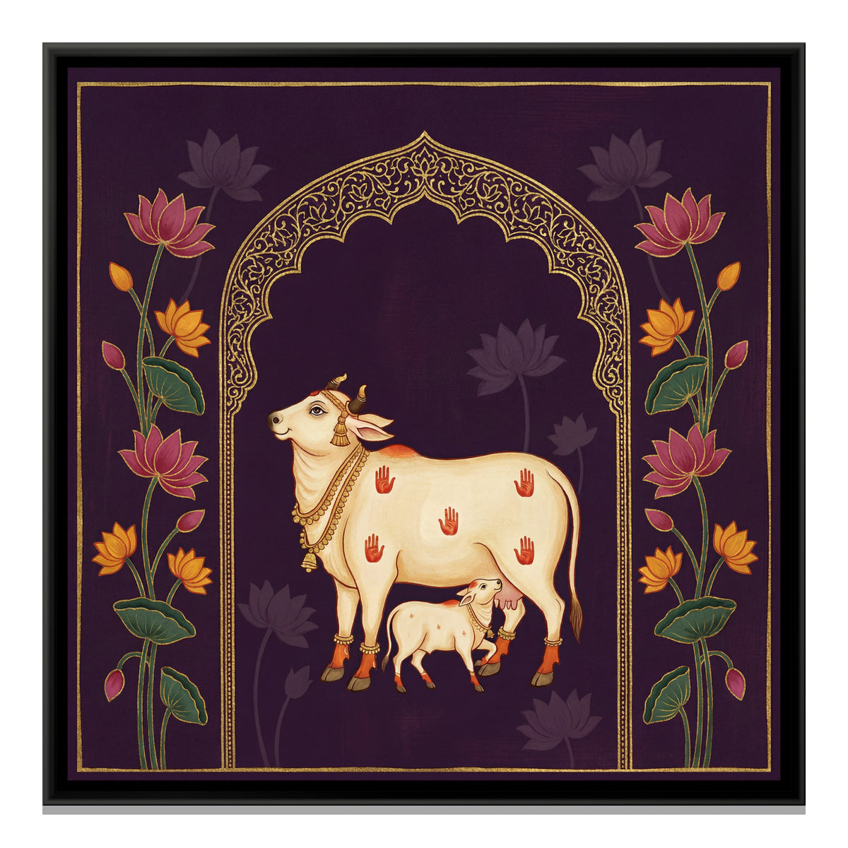Pichwai Cow and Calf — framed canvas print, front view