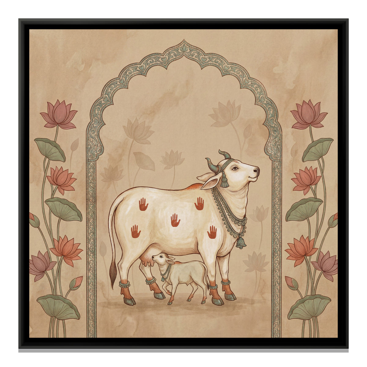 Pichwai Cow and Calf — framed canvas print, front view
