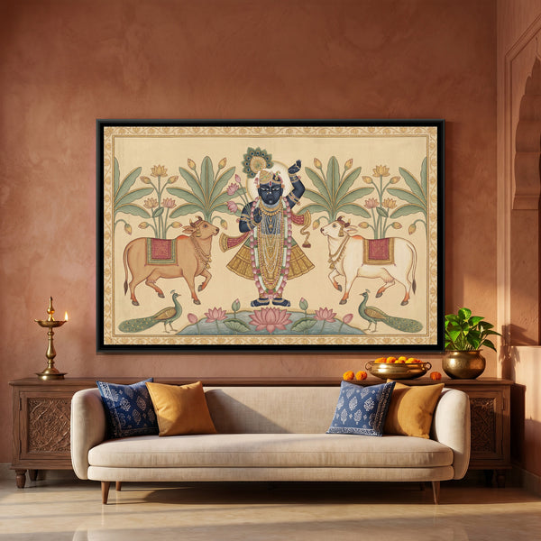 Pichwai Shrinathji with Cows — framed canvas art hung on a wall