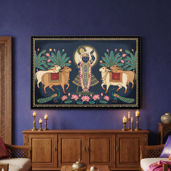 Pichwai Shrinathji with Cows — framed canvas art hung on a wall