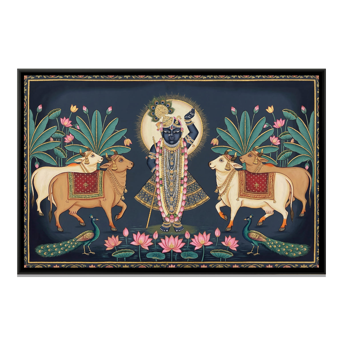 Pichwai Shrinathji with Cows — framed canvas print, front view