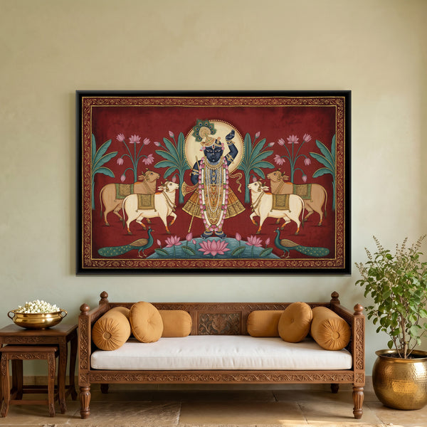 Pichwai Shrinathji with Cows — framed canvas art hung on a wall