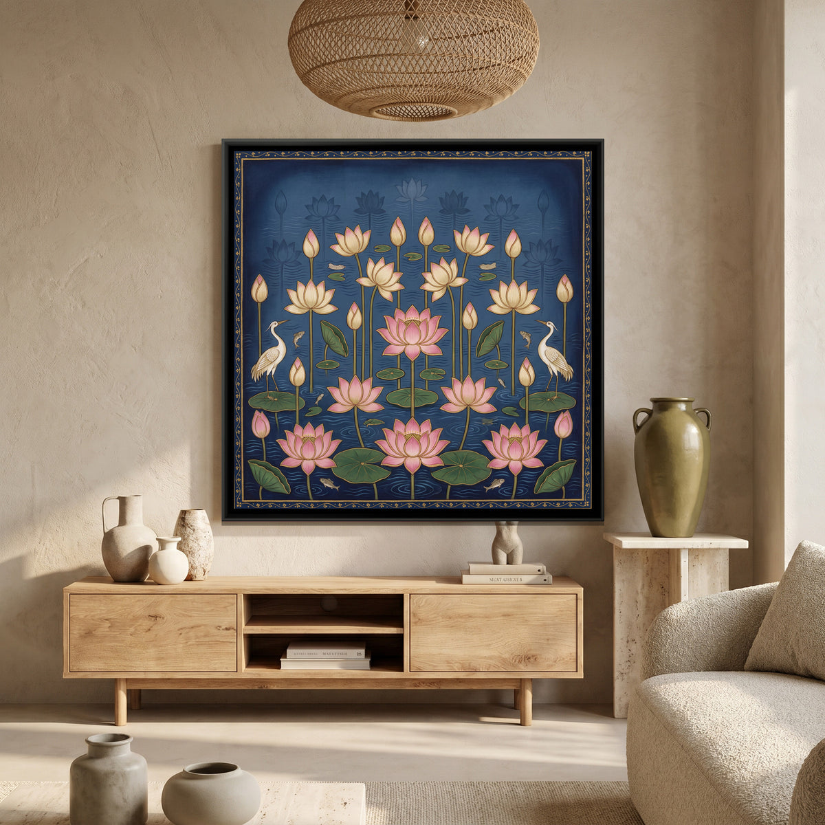 Pichwai Lotus Pond — canvas art shown in a second room setting