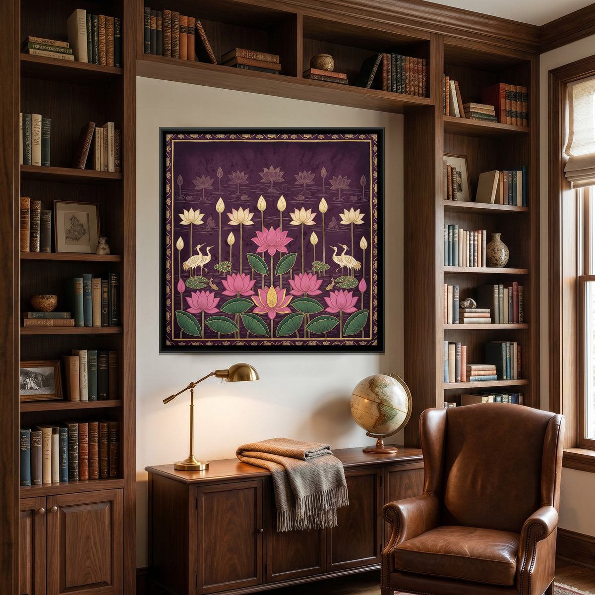 Pichwai Lotus Pond — canvas art shown in a styled room