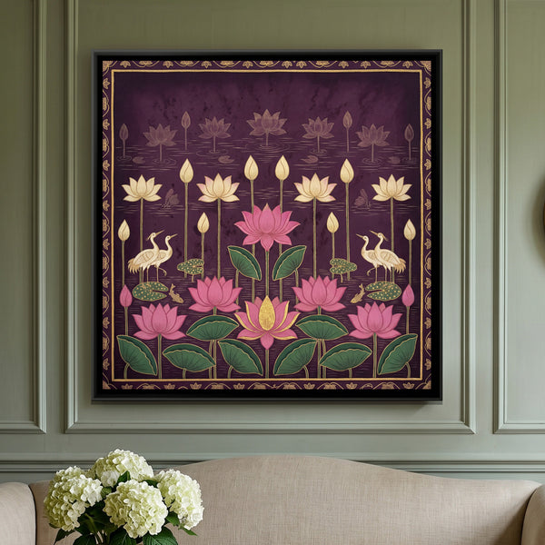 Pichwai Lotus Pond — framed canvas art hung on a wall