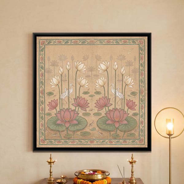 Pichwai Lotus Pond — framed canvas art hung on a wall