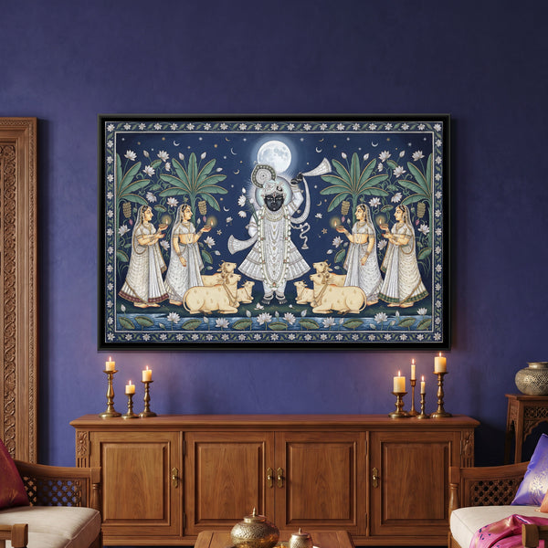 Pichwai Shrinathji Sharad Purnima — framed canvas art hung on a wall