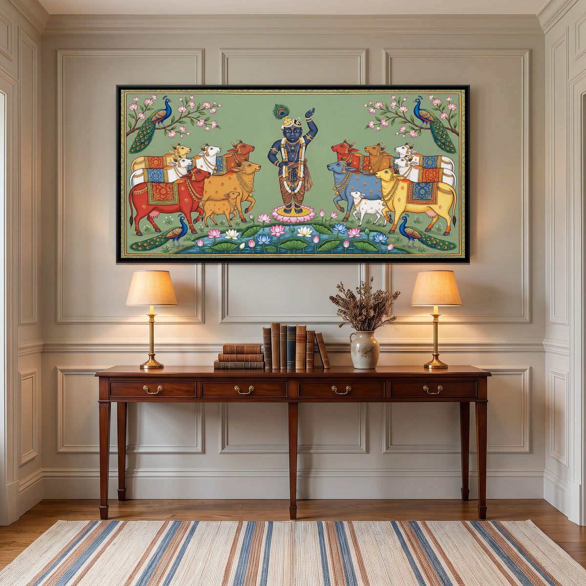 Pichwai Shrinathji with Cows — canvas art shown in a styled room