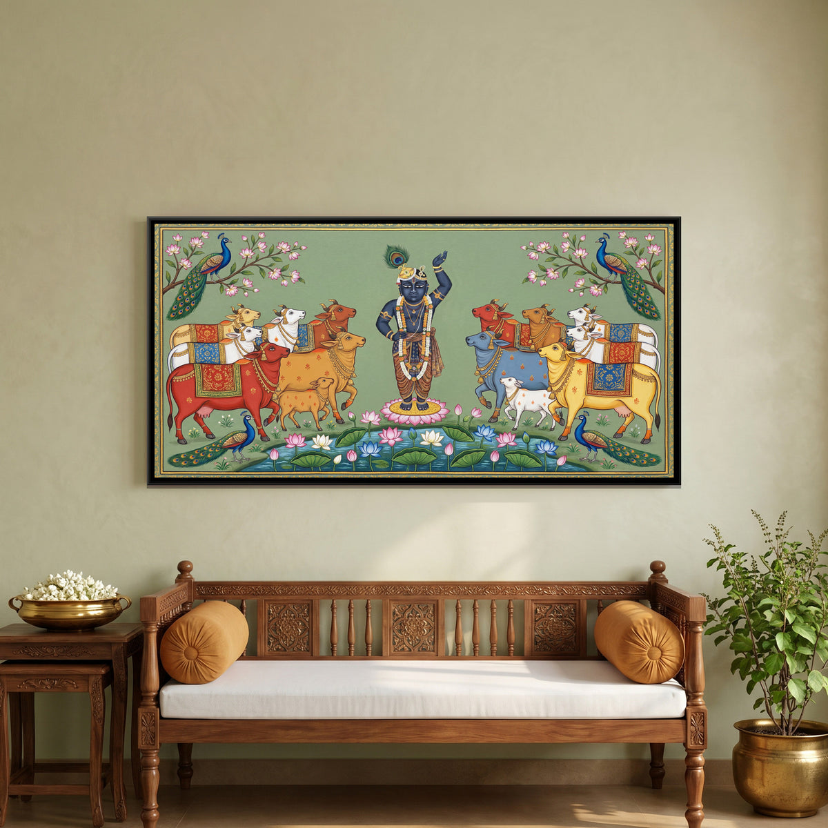 Pichwai Shrinathji with Cows — framed canvas art hung on a wall