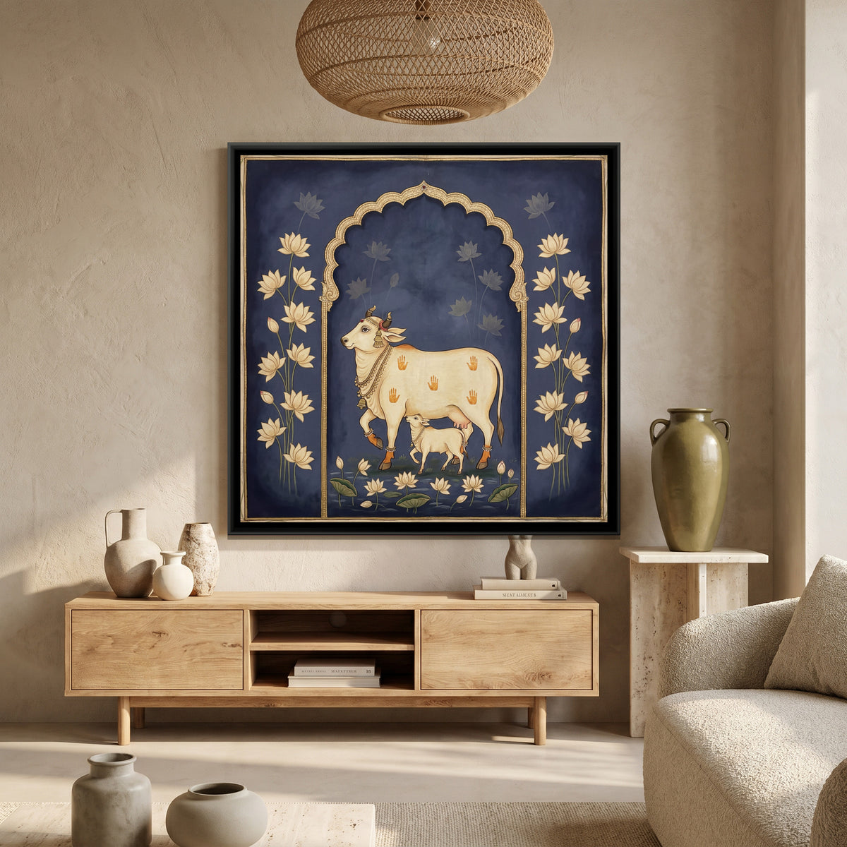 Pichwai Cow and Calf — canvas art shown in a second room setting