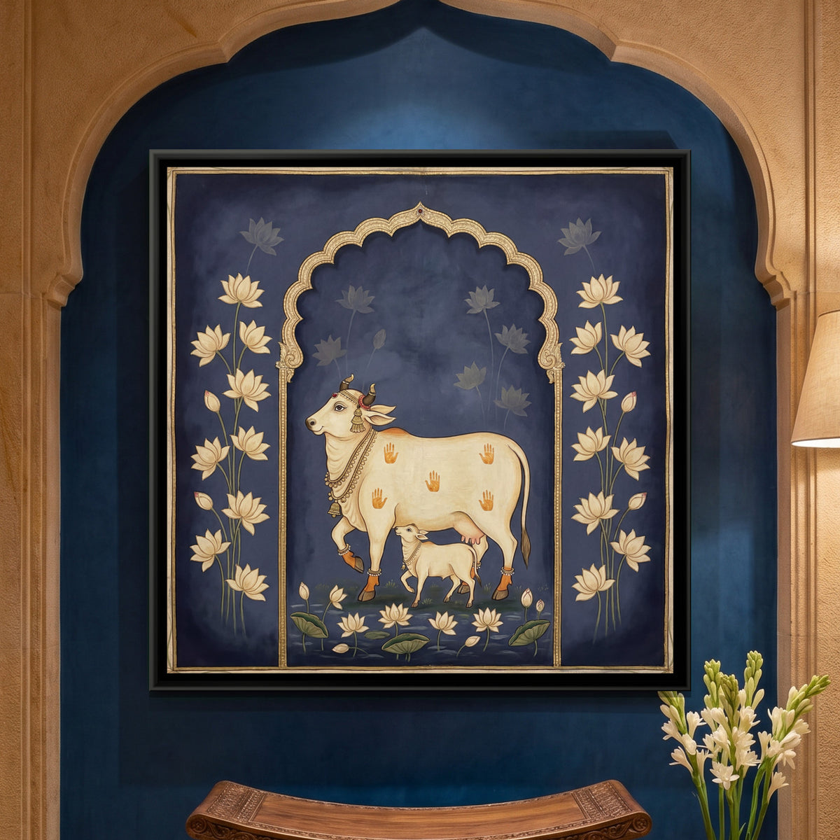 Pichwai Cow and Calf — framed canvas art hung on a wall