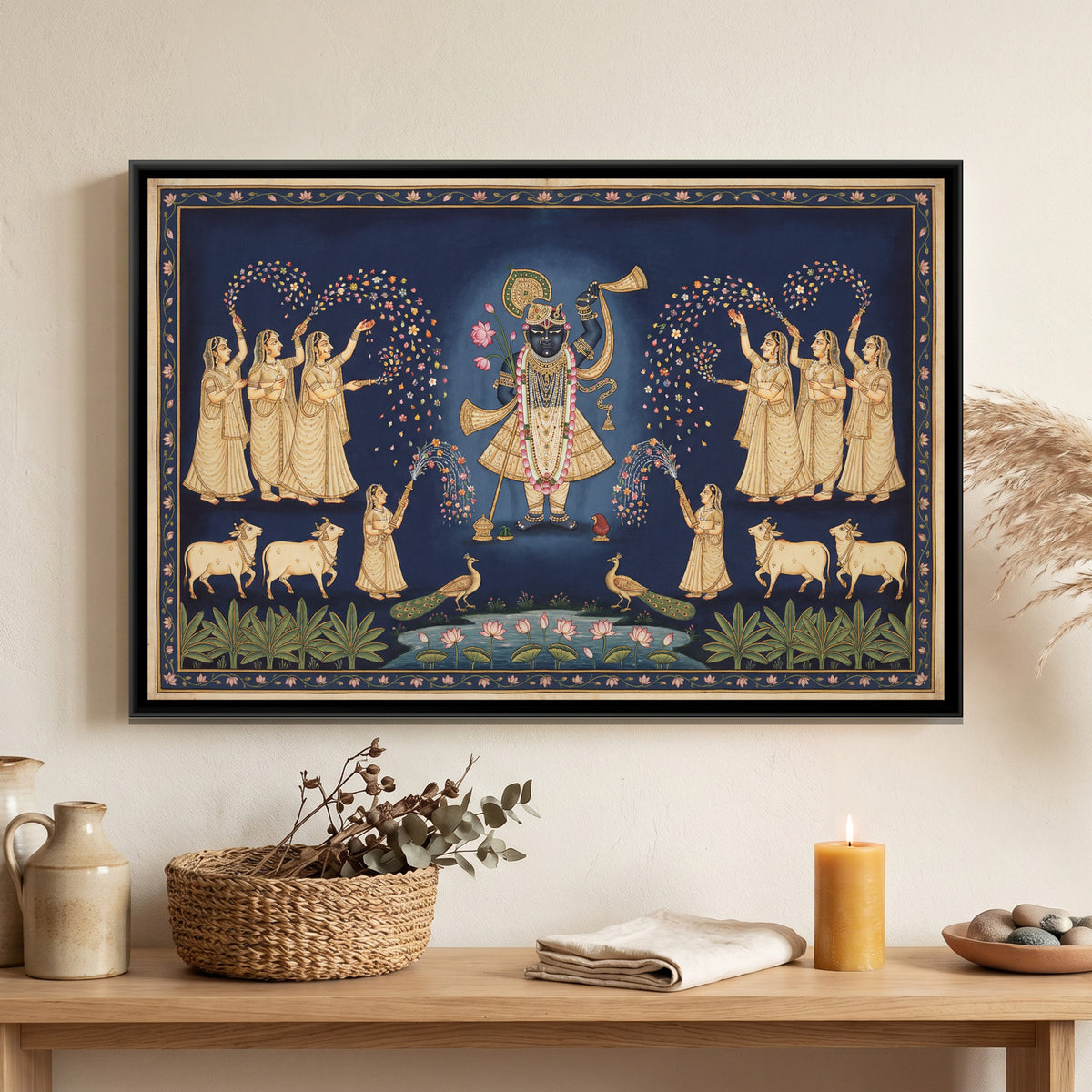Pichwai Shrinathji Holi — canvas art shown in a second room setting