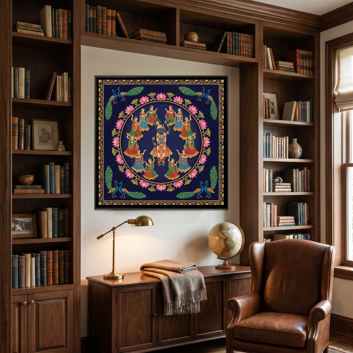 Pichwai Raas Leela — canvas art shown in a styled room