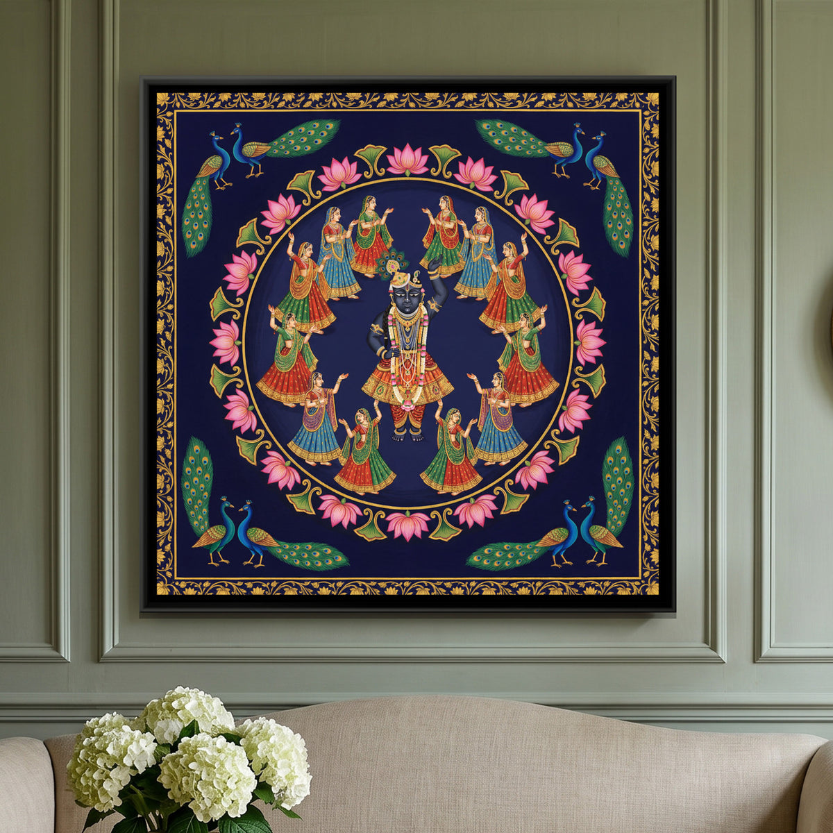 Pichwai Raas Leela — framed canvas art hung on a wall