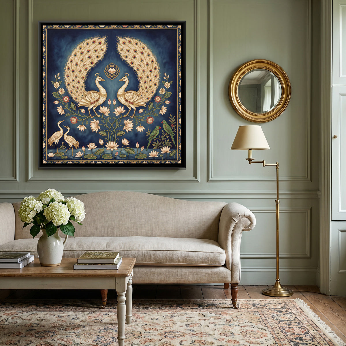 Pichwai Peacocks — canvas art shown in a styled room