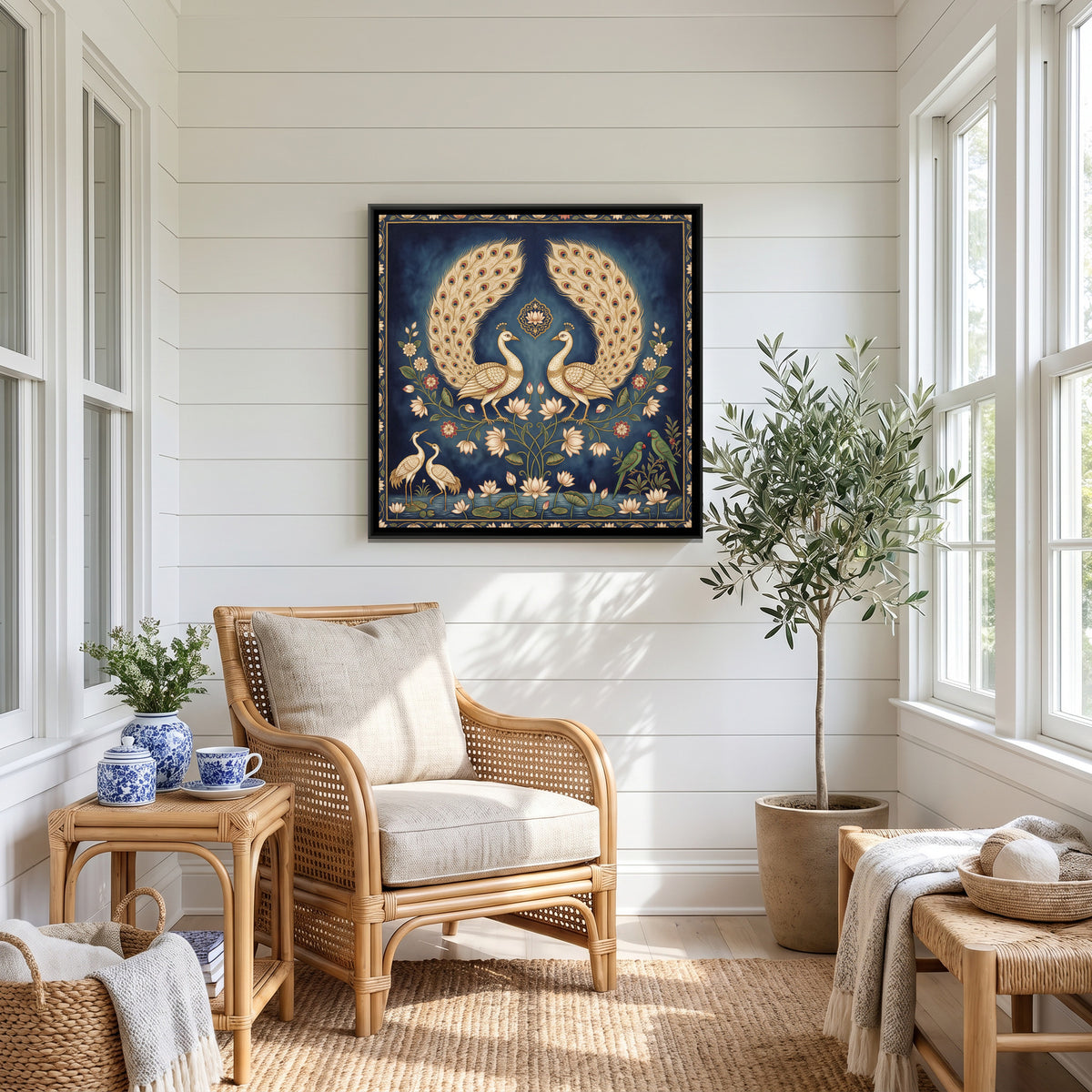 Pichwai Peacocks — canvas art shown in a second room setting