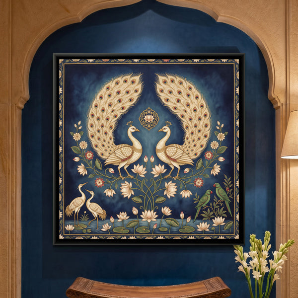 Pichwai Peacocks — framed canvas art hung on a wall