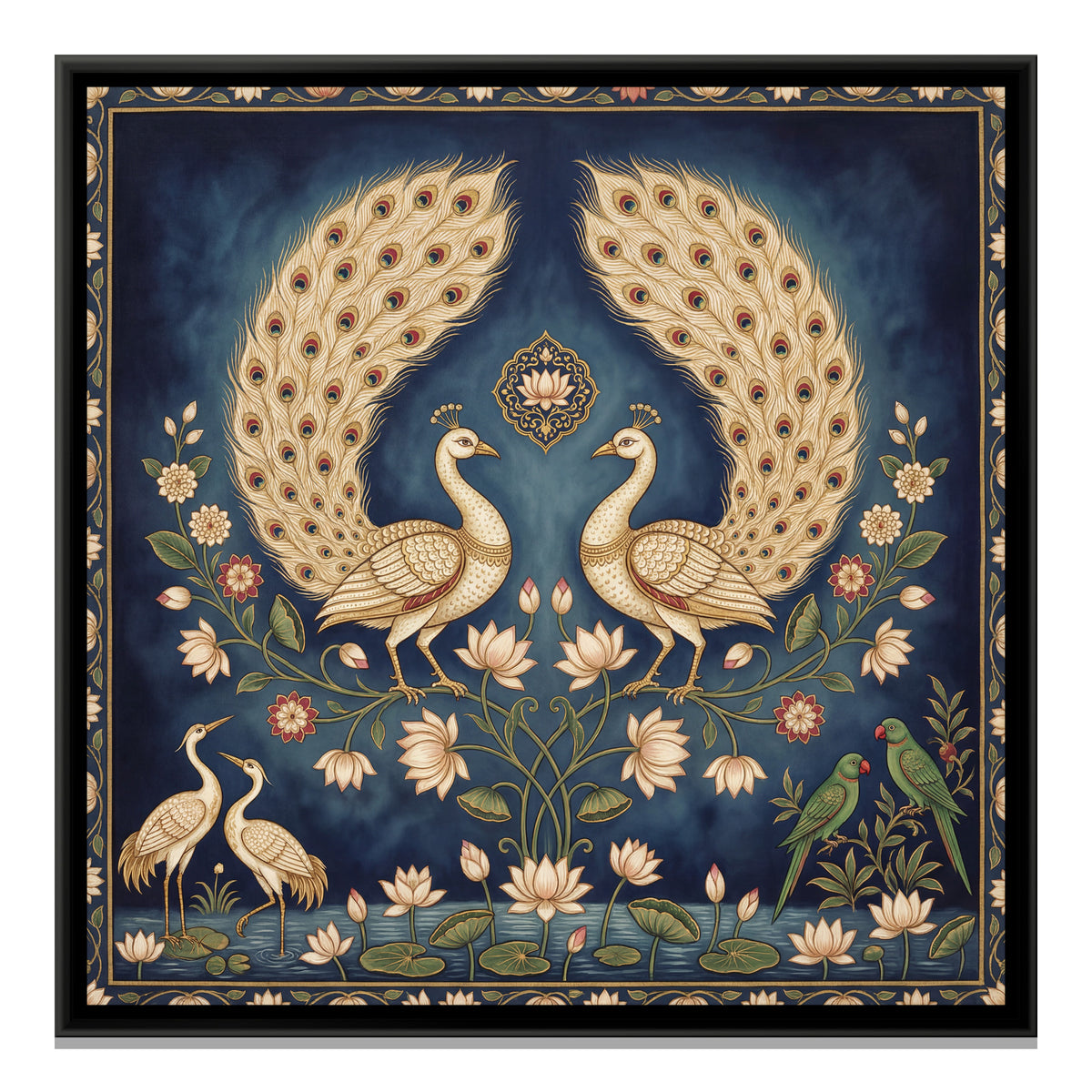 Pichwai Peacocks — framed canvas print, front view