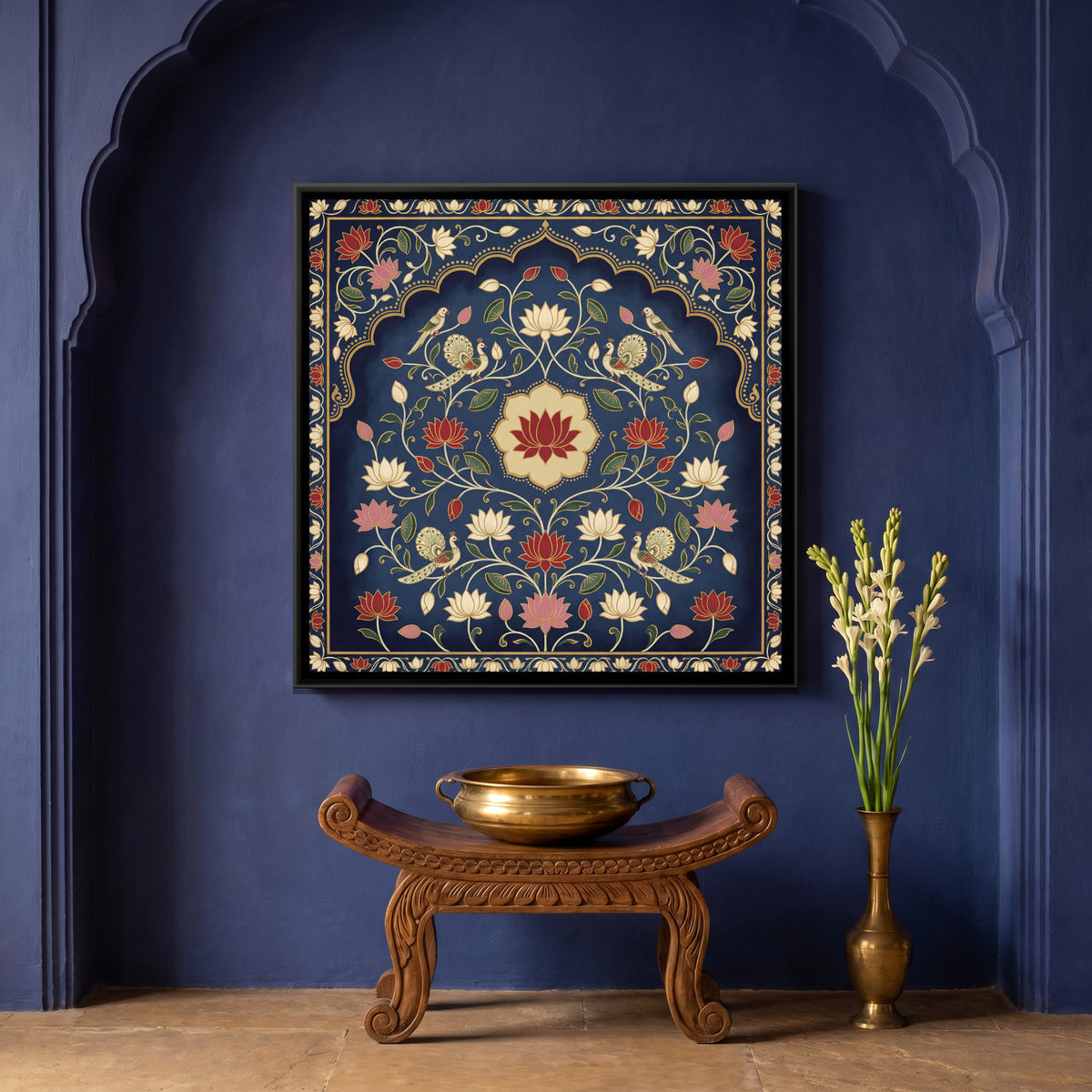 Pichwai Lotus Jharokha — canvas art shown in a styled room