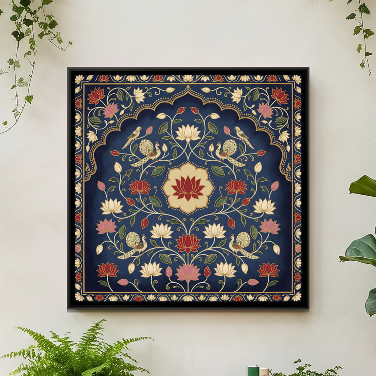 Pichwai Lotus Jharokha — framed canvas art hung on a wall