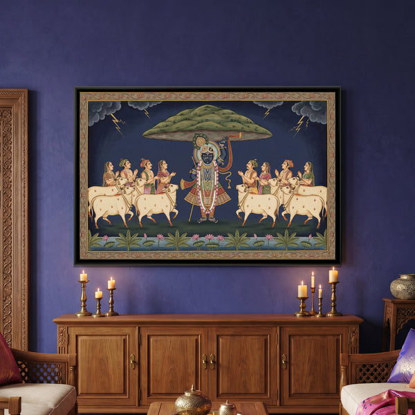 Pichwai Shrinathji Govardhan — framed canvas art hung on a wall