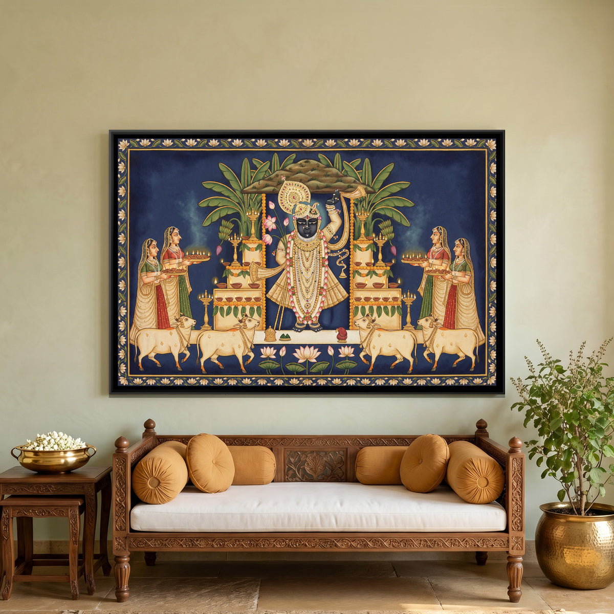 Pichwai Shrinathji Diwali — framed canvas art hung on a wall