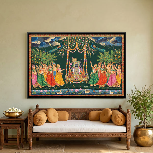 Pichwai Shrinathji Hindola — framed canvas art hung on a wall