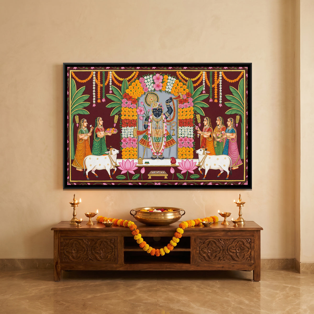 Pichwai Shrinathji Phool Bungalow — canvas art shown in a styled room