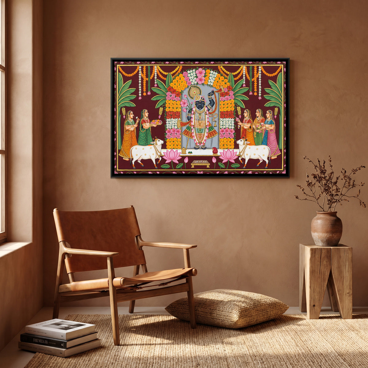 Pichwai Shrinathji Phool Bungalow — canvas art shown in a second room setting